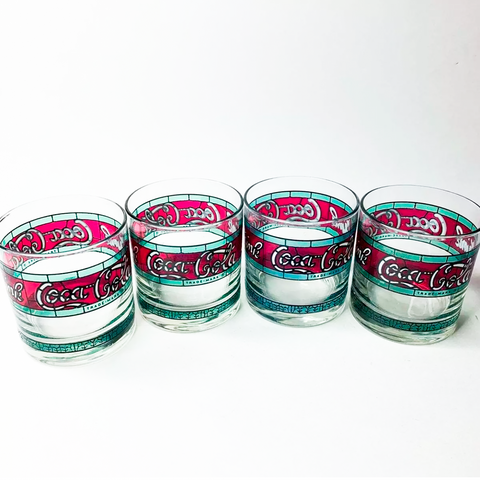 Vintage Coca Cola Glass Stained Glass Cup Set 4