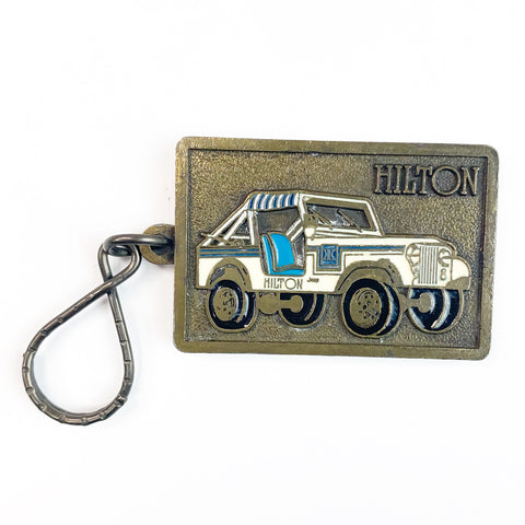 Vintage Hilton The Marco Beach Jeep Brass Keychain
