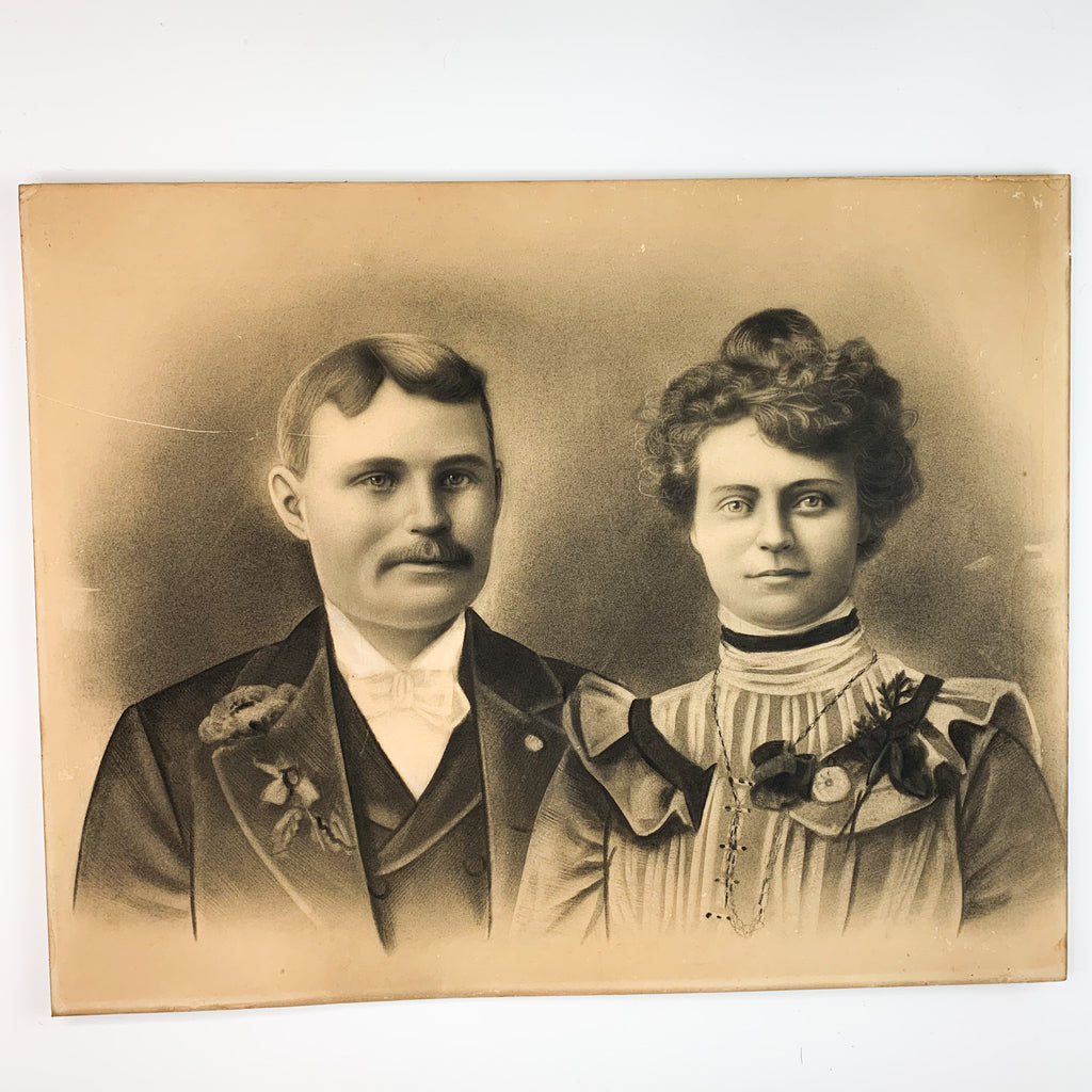 Antique Vintage Portrait Charcoal Picture Couple