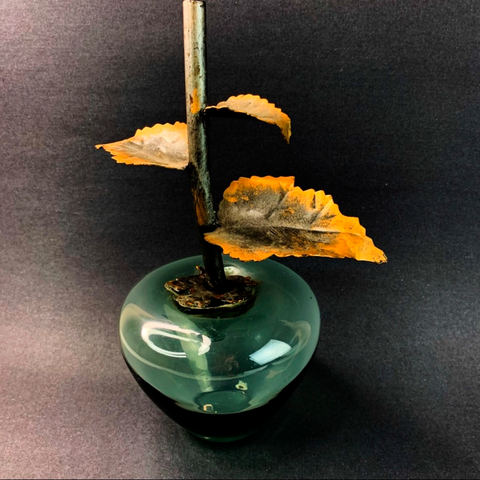 Vintage Apple Art Glass Handblown Metal Stem Leaves
