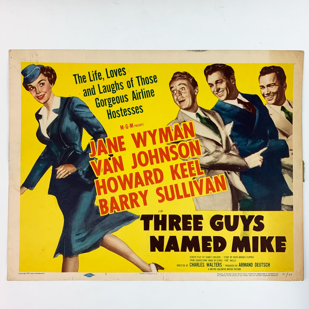 Vintage 1951 Three Guys Named Mike Jane Wyman and Van Johnson MGM Lobby Card