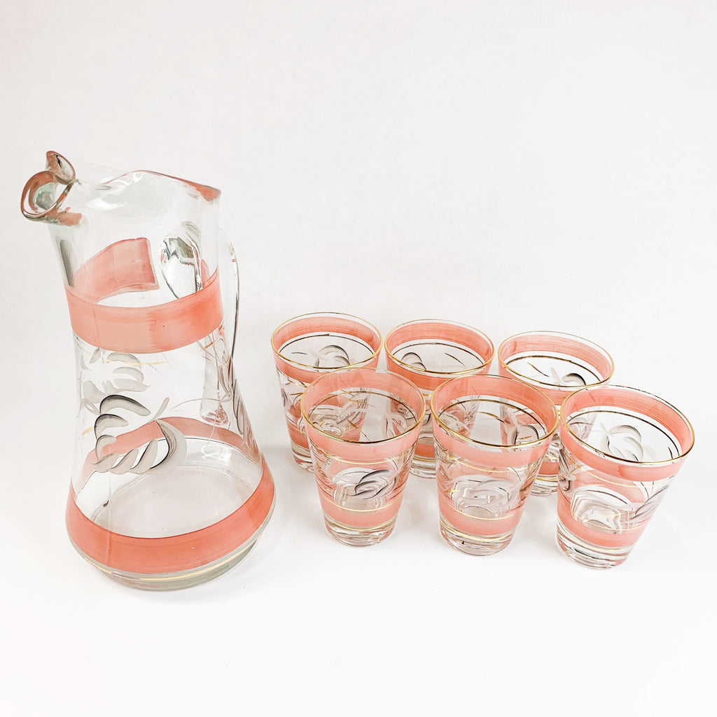Vintage Hand Painted Pitcher & Glasses w/Gold Trim