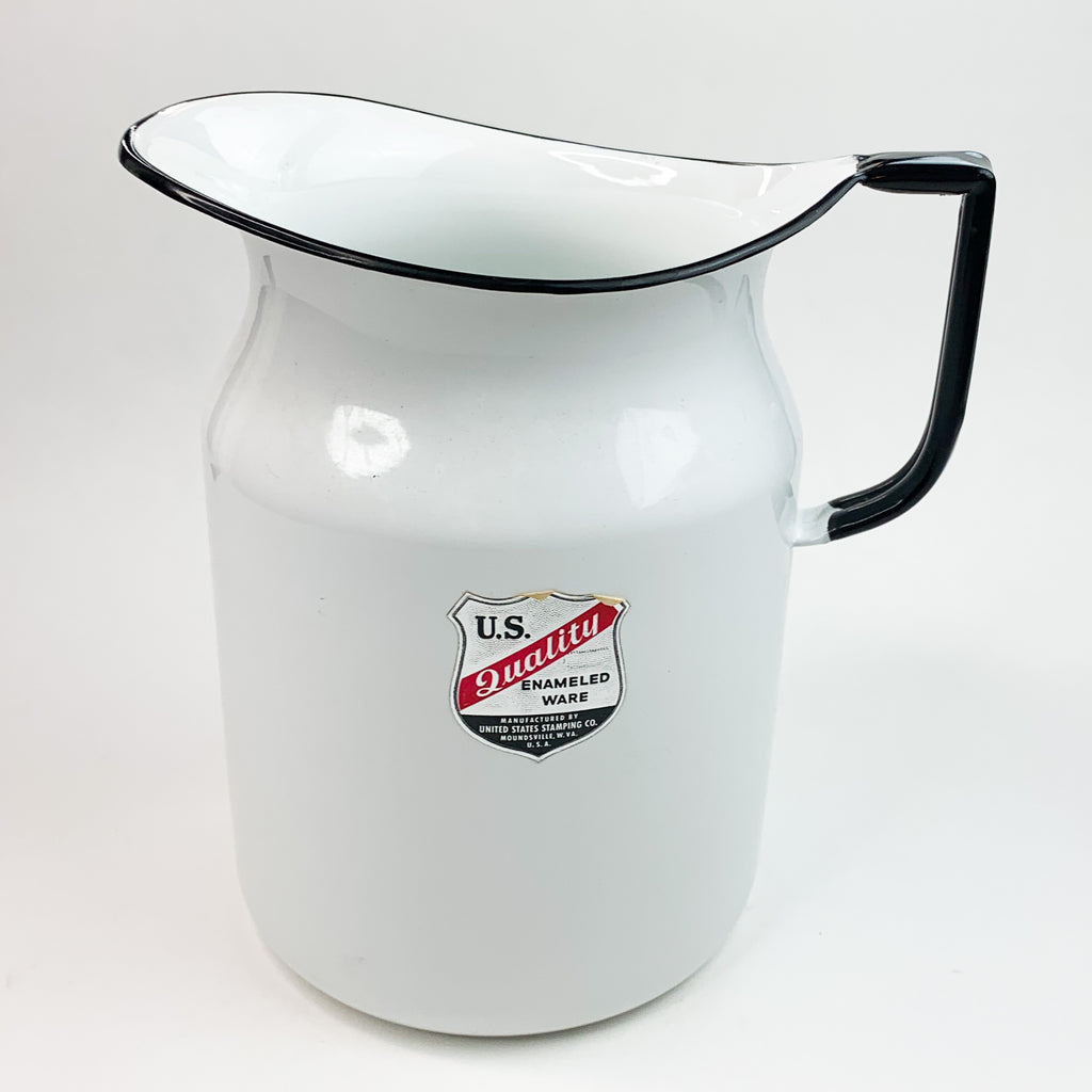 US Quality White And Black Trim Enameled Ware 4 qt. Pitcher. US Stamping Co