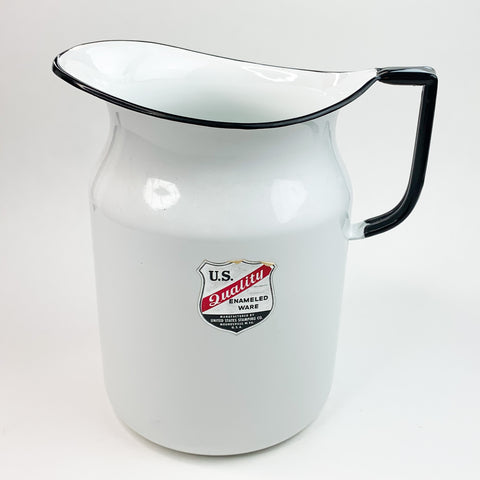 US Quality White And Black Trim Enameled Ware 4 qt. Pitcher. US Stamping Co