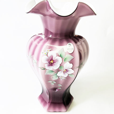 Vintage Fenton Hand Painted Purple Amethyst Overlay Rib Optic Vase