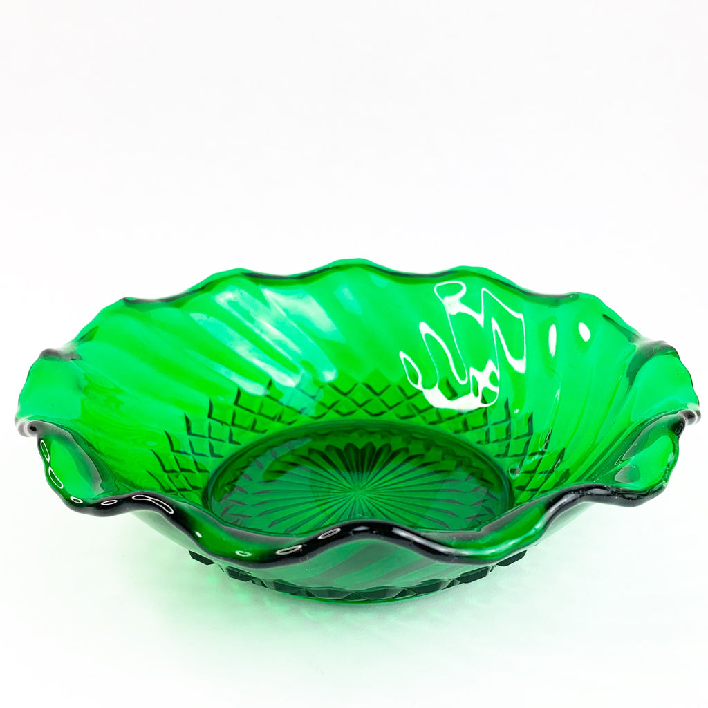 Vintage Forest Green Ruffle Edge Glass Dish