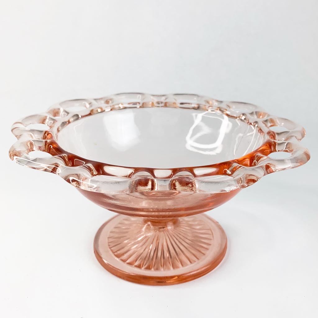 Vintage Pink Glass Open Lace Glass Footed Pedestal Bowl