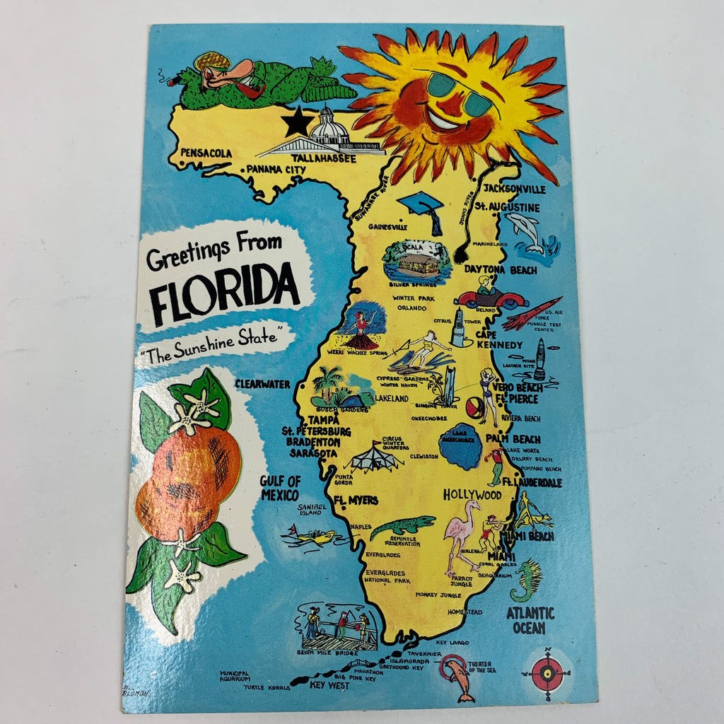 Greetings from Florida Sunshine State Illustrated Map Vintage Postcard