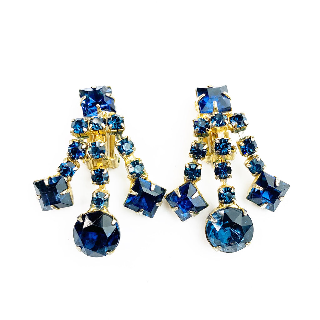 Vintage Drop Blue Rhinestone Dangle Clip On Earrings