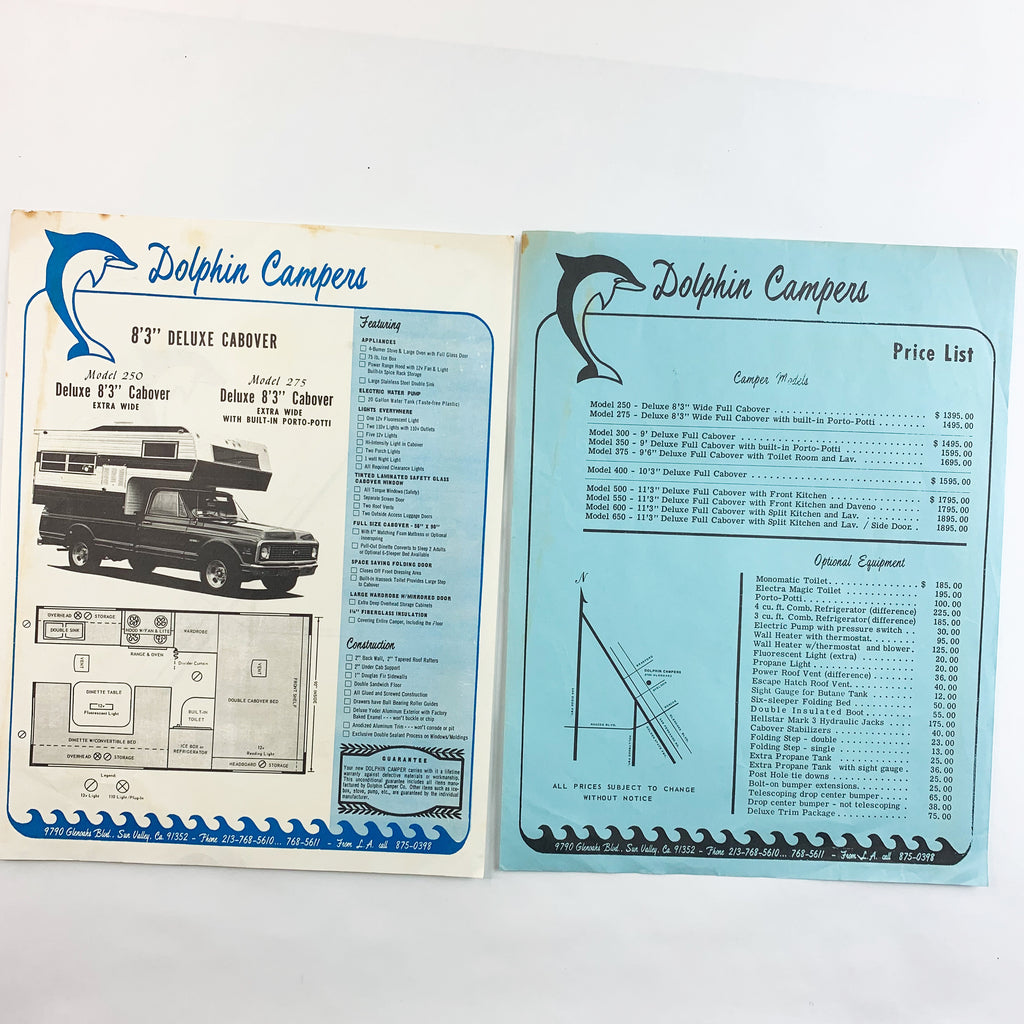 Vintage Dolphin Camper Company Paper Flyer Ad Price List