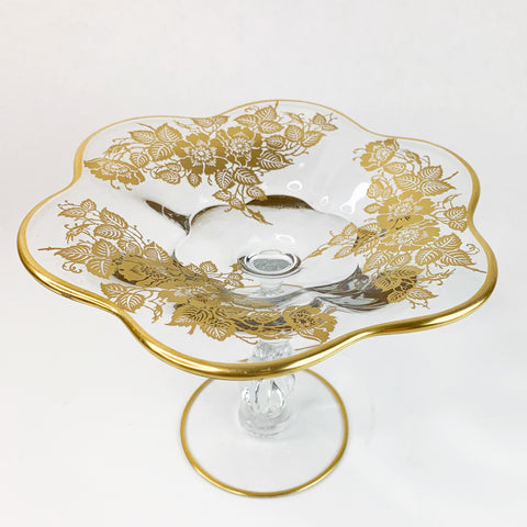 Vintage Footed Glass Floral Gold Scallop Edge Dish