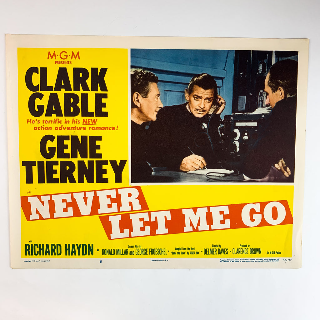 Vintage 1953 MGM Never Let me Go Clark Gable Gene Tierney #6 Lobby Card