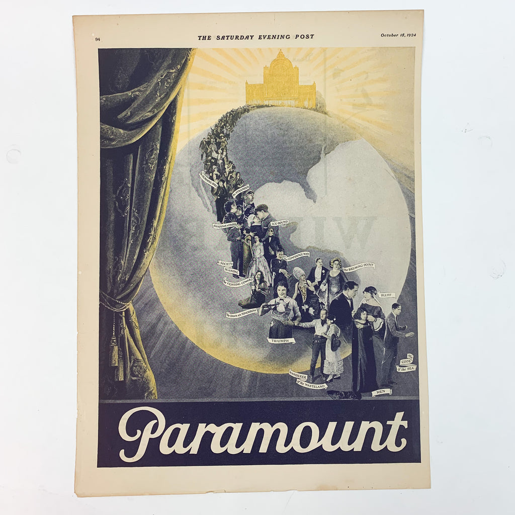Vintage 1924 Magazine Print Ad for Paramount The Saturday Evening Post