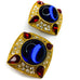 Vintage Gold Tone Square Enamel  Blue Red Rhinestone Clip On Earrings