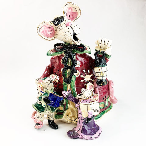 Heather Goldmine Blue Sky Christmas Mice Carolers Large Candle Holder 2001