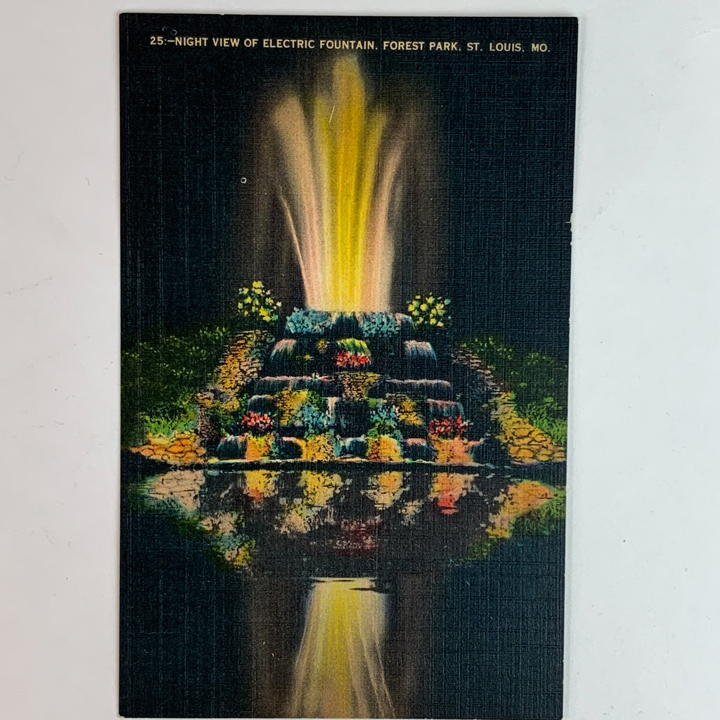 Night View Electric Fountain Forest Park St. Louis, MO Linen Postcard