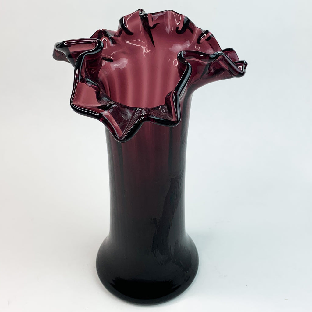 Vintage Plum Purple Outspread Flared Ruffle Glass Vase