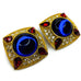 Vintage Gold Tone Square Enamel  Blue Red Rhinestone Clip On Earrings
