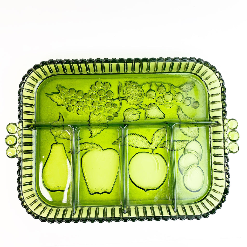 Vintage Divided Green Glass Fruit Design Serving Tray