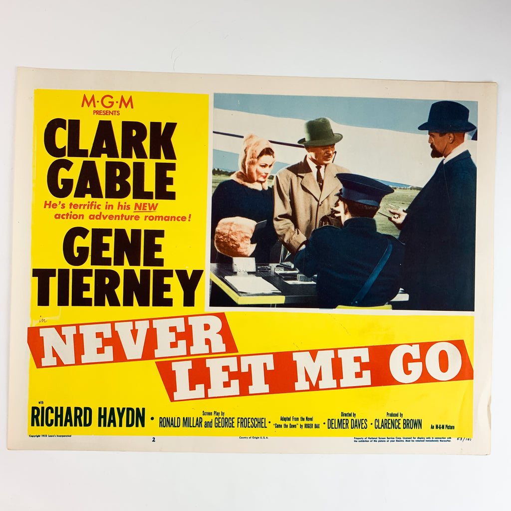 Vintage 1953 MGM Never Let me Go Clark Gable Gene Tierney #2 Lobby Card
