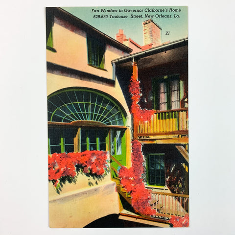 New Orleans LA Governor Claiborne Home Fan Window Linen Louisiana Postcard  