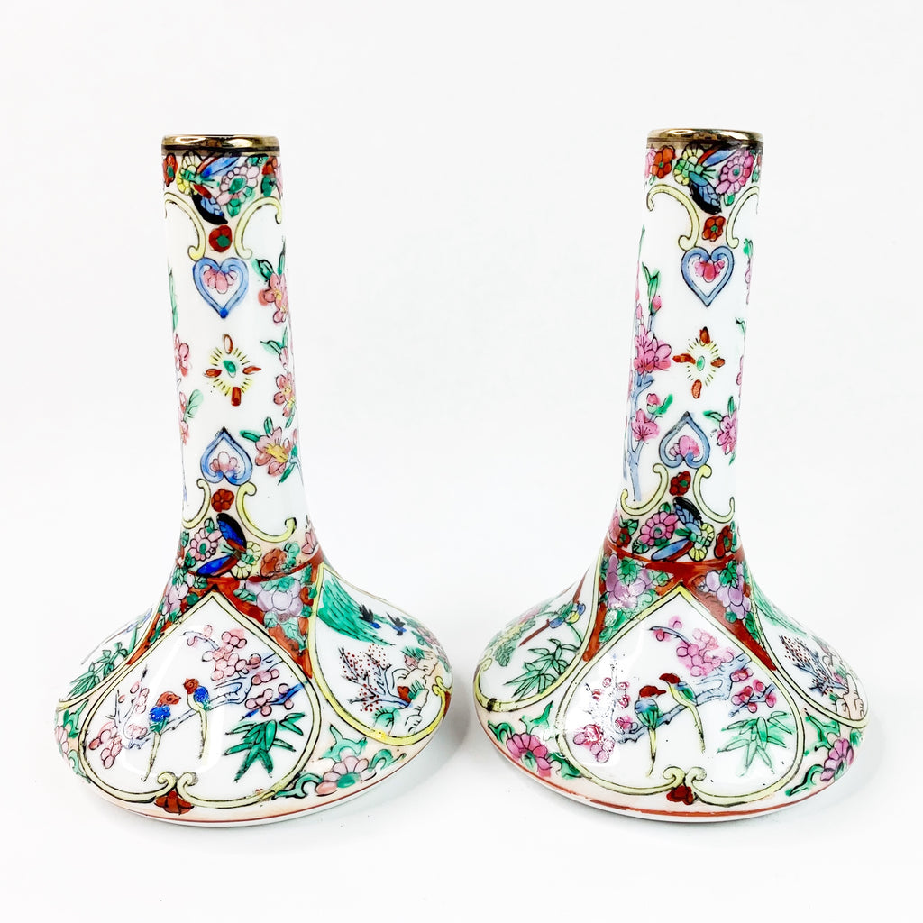 Pair China Chinese Porcelain Rose Bud Bird Heart Pattern Vases