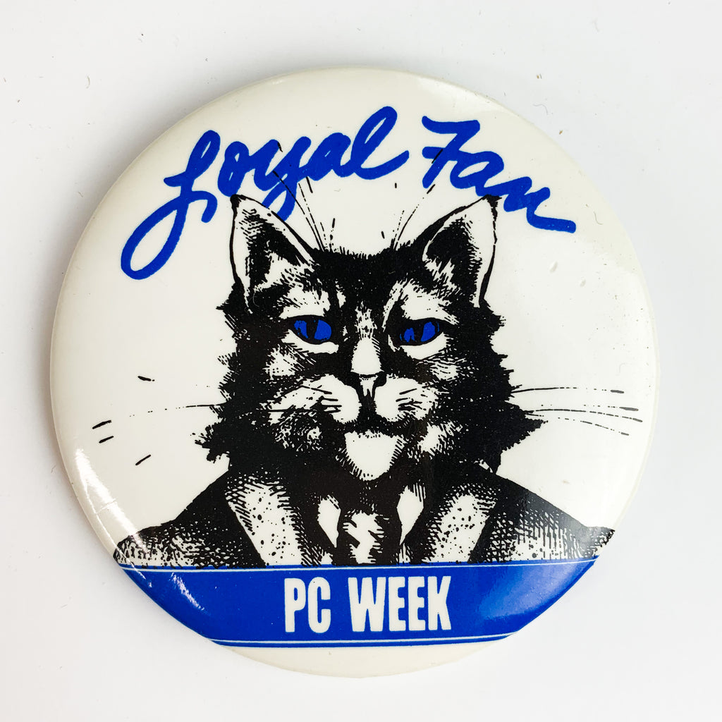 Vintage Loyal Fan PC Week Cat Blue Eyes Computer Pinback Button Pin