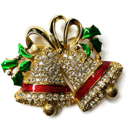 Vintage Christmas Tree Bells Enamel Rhinestone Pin Brooch