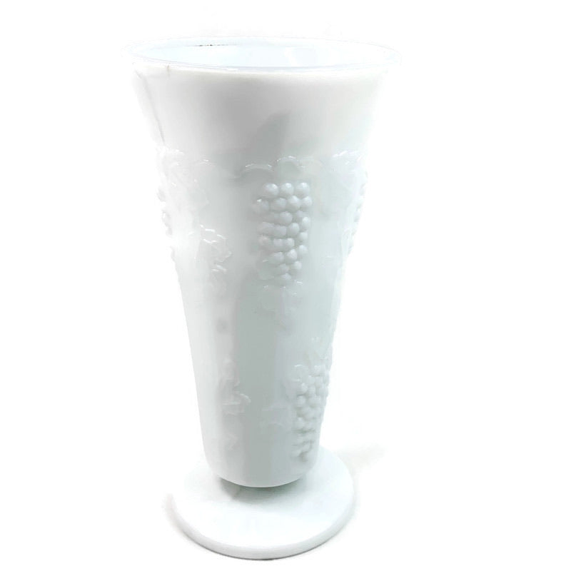 Vintage White Milk Glass Harvest Grapes Panel 7.75" Round Pedestal Base Vase