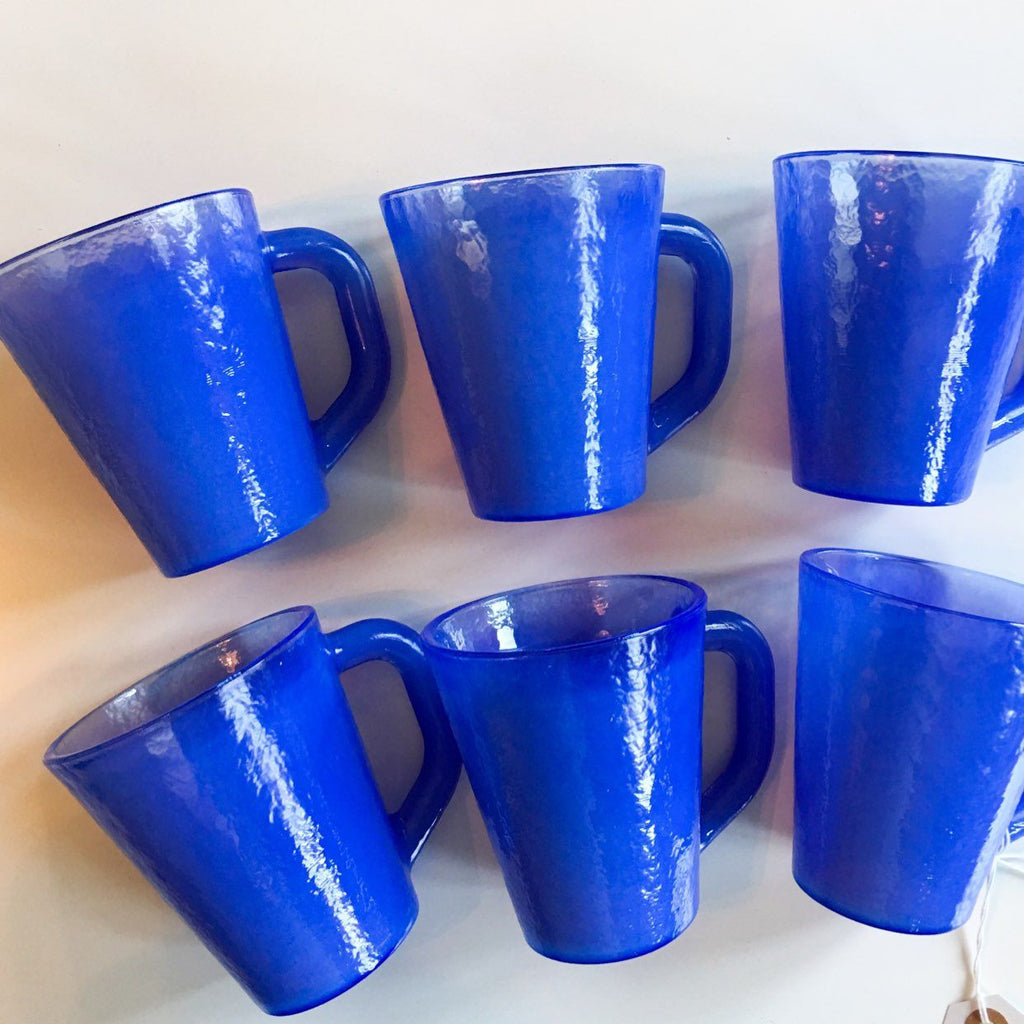 Signed " Yales Casa Murano Iridescent Opalescent Blue Mug/Glass Set of 6