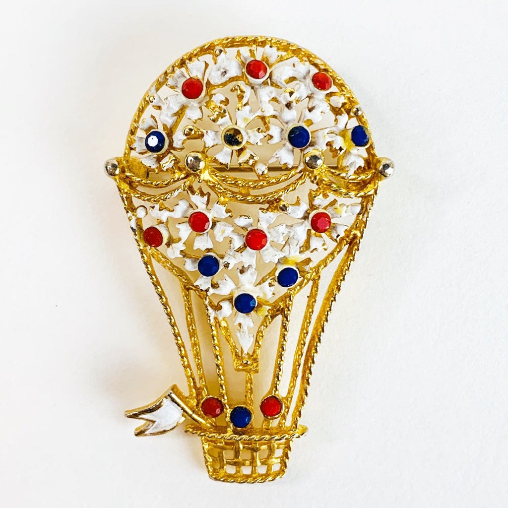 Vintage Gold Tone Hot Air Ballon Brooch Pinback with Colored Stones