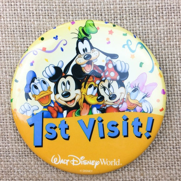 Walt Disney World WDW First 1st Visit Button Pin Badge Mickey Goofy Pluto 3"