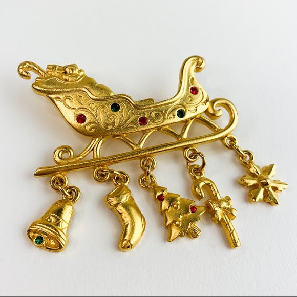 Vintage Signed JJ Goldtone Santa Sleigh Brooch Pin