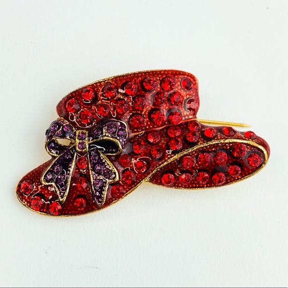 Brooch Red Hat Purple Bow Ribbon Gold Tone Pin