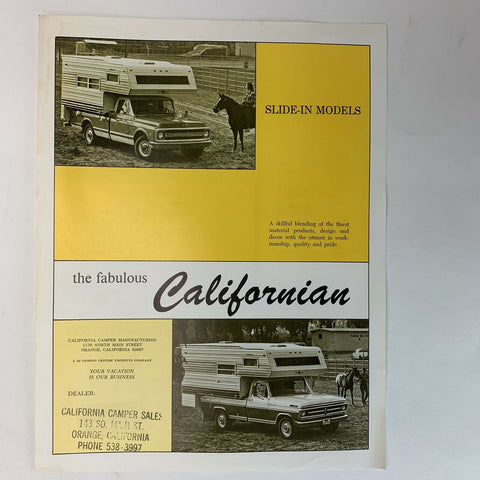 Vintage California Camper THE FABULOUS CALIFORNIAN Camper Sales Flyer Ad
