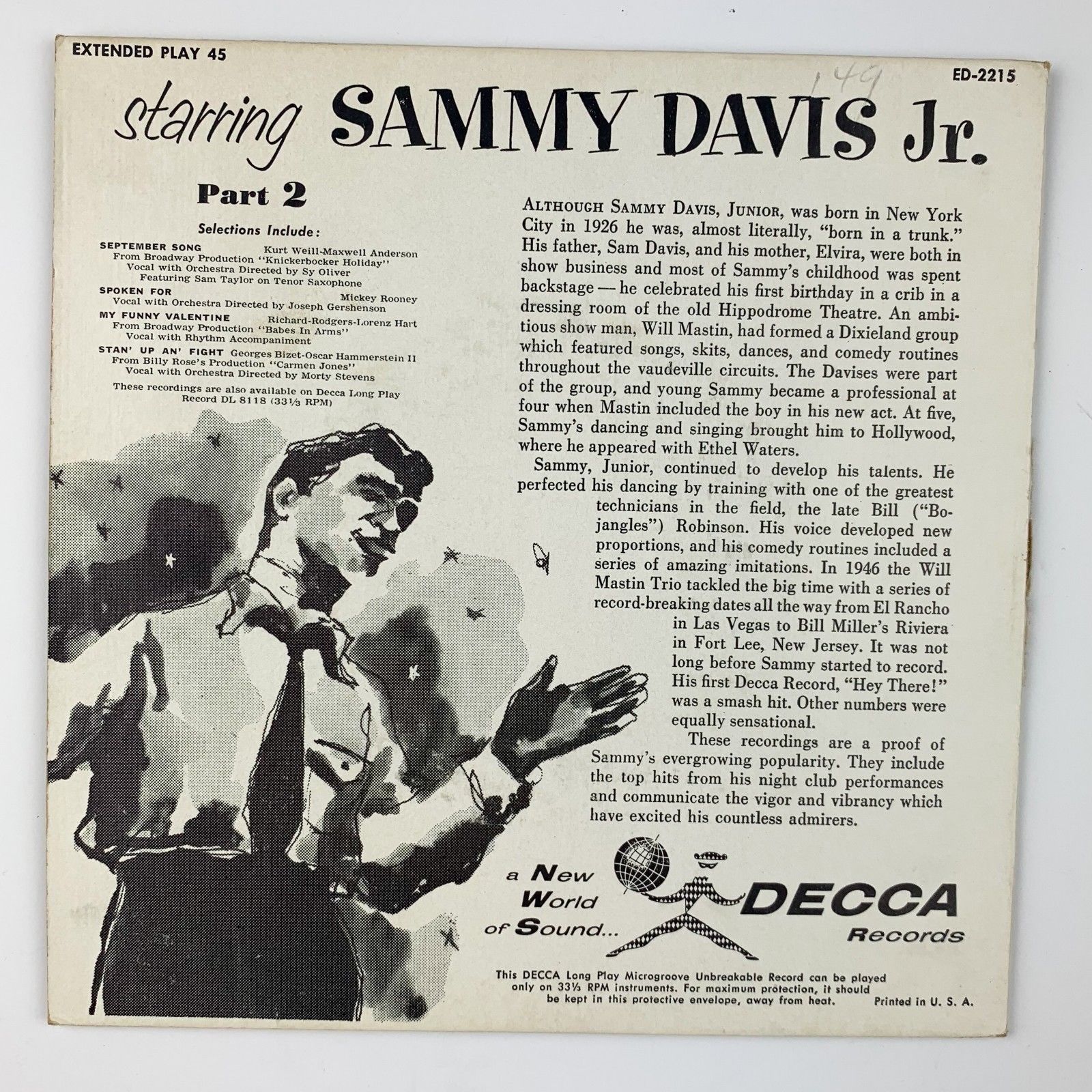 Vinyl Music Record Starring Sammy Davis Jr. Part 2 Decca Records 45 7 ...