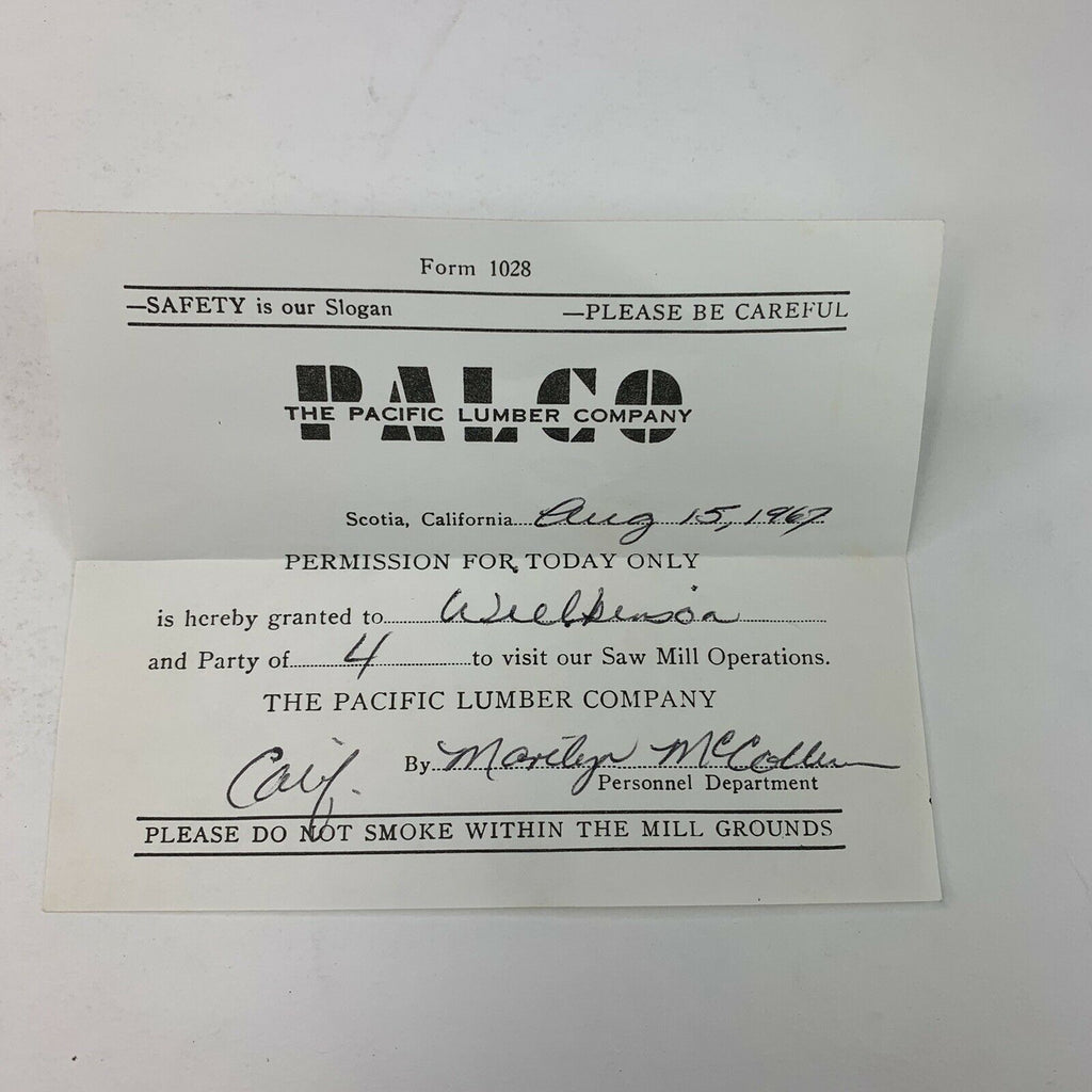 Vintage 1967 Pacific Lumber Company PALCO Scotia California Tour Invitaton Slip