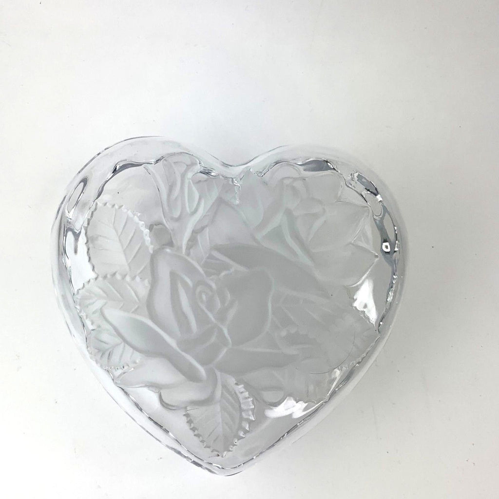 Home Beautiful Japan Glass Heart Lidded Trinket Box Candy Dish Frosted Roses
