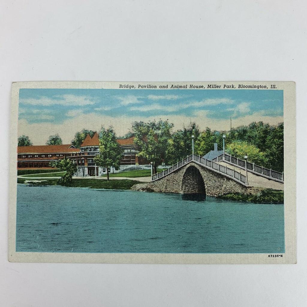 Bridge Pavillon and Animal House Miller Park Bloomington Illinois Linen Postcard