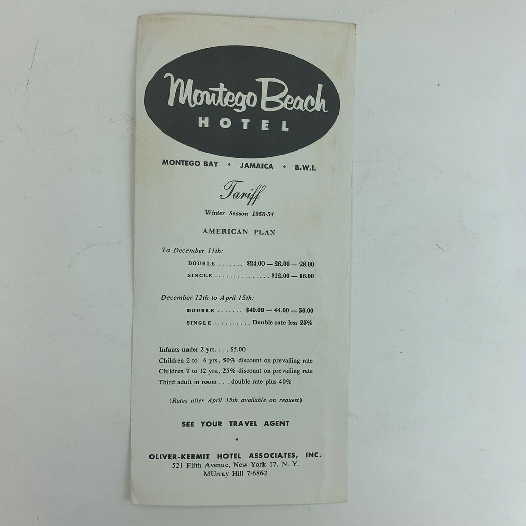 Vintage 1950's Montego Bay Resort Hotel Jamaica Winter Season Rates